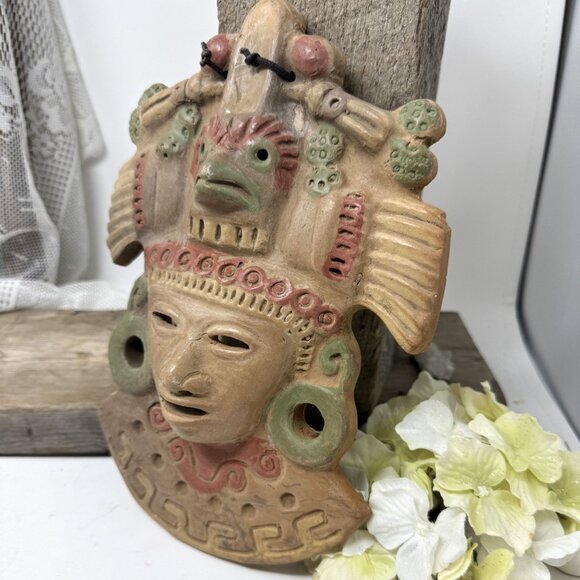 Vintage Handcrafted Terracotta Mayan Mask Wall Art With Intricate Details - Picture 2 of 5